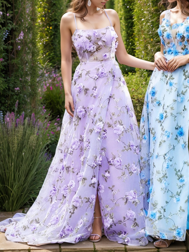 A-Line Printed Chiffon Spaghetti Straps Square Neck Prom Dress with Slit/3D Flower BabaMila