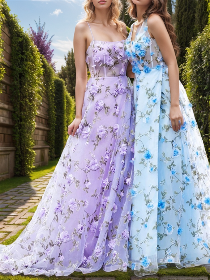 A-Line Printed Chiffon Spaghetti Straps Square Neck Prom Dress with Slit/3D Flower BabaMila