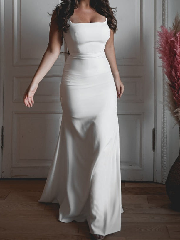 Trumpet/Mermaid Square Neck Floor-Length Sleeveless Wedding Dress BabaMila