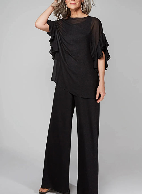 Jumpsuits Scoop Half Sleeves Chiffon Mother Of The Bride Pantsuits BabaMila