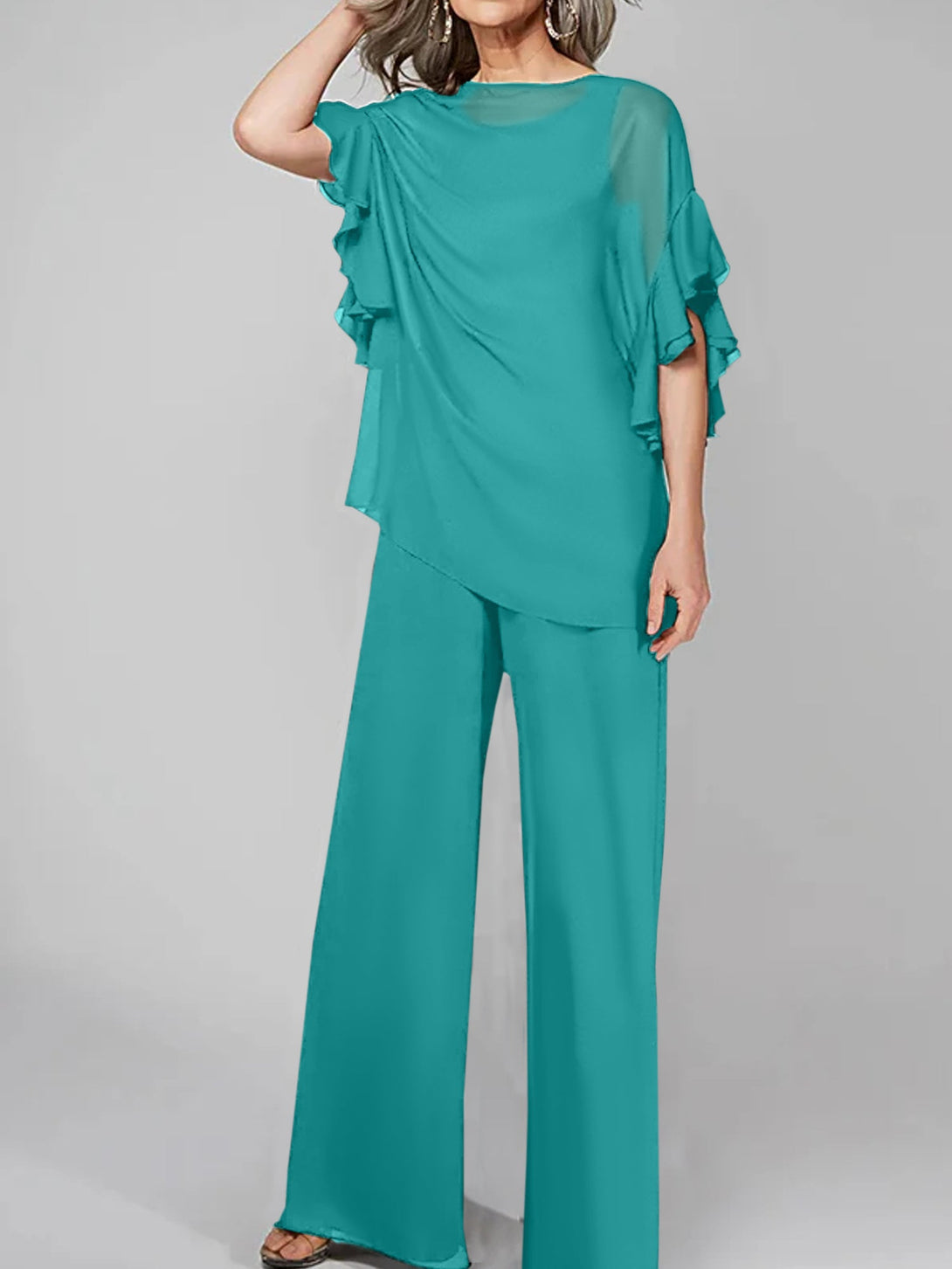 Jumpsuits Scoop Half Sleeves Chiffon Mother Of The Bride Pantsuits BabaMila
