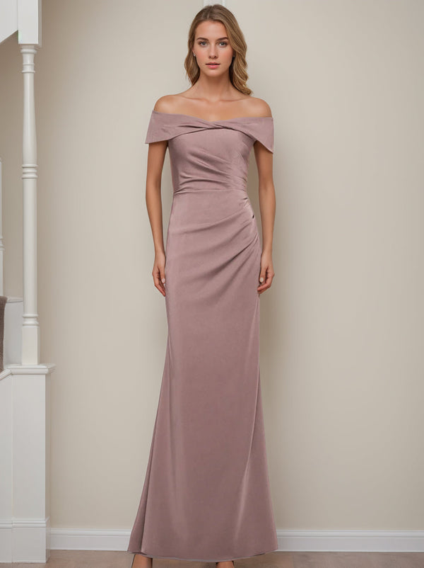 Sheath/Column Off-the-Shoulder Short Sleeves Floor-Length Bride Dresses With Ruffles BabaMila
