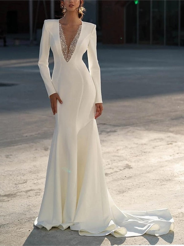 Mermaid/Trumpet V-Neck Long Sleeves Floor-Length Wedding Dresses with Beading BabaMila