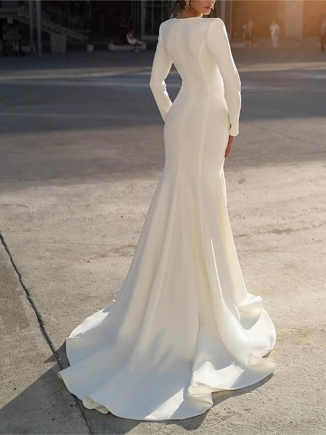 Mermaid/Trumpet V-Neck Long Sleeves Floor-Length Wedding Dresses with Beading BabaMila