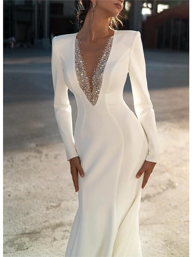 Mermaid/Trumpet V-Neck Long Sleeves Floor-Length Wedding Dresses with Beading BabaMila