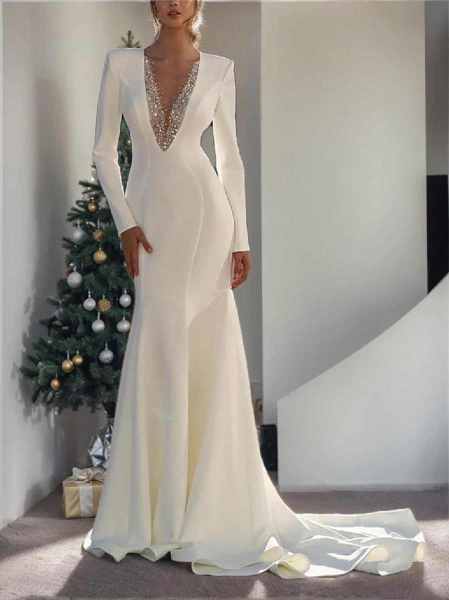 Mermaid/Trumpet V-Neck Long Sleeves Floor-Length Wedding Dresses with Beading BabaMila