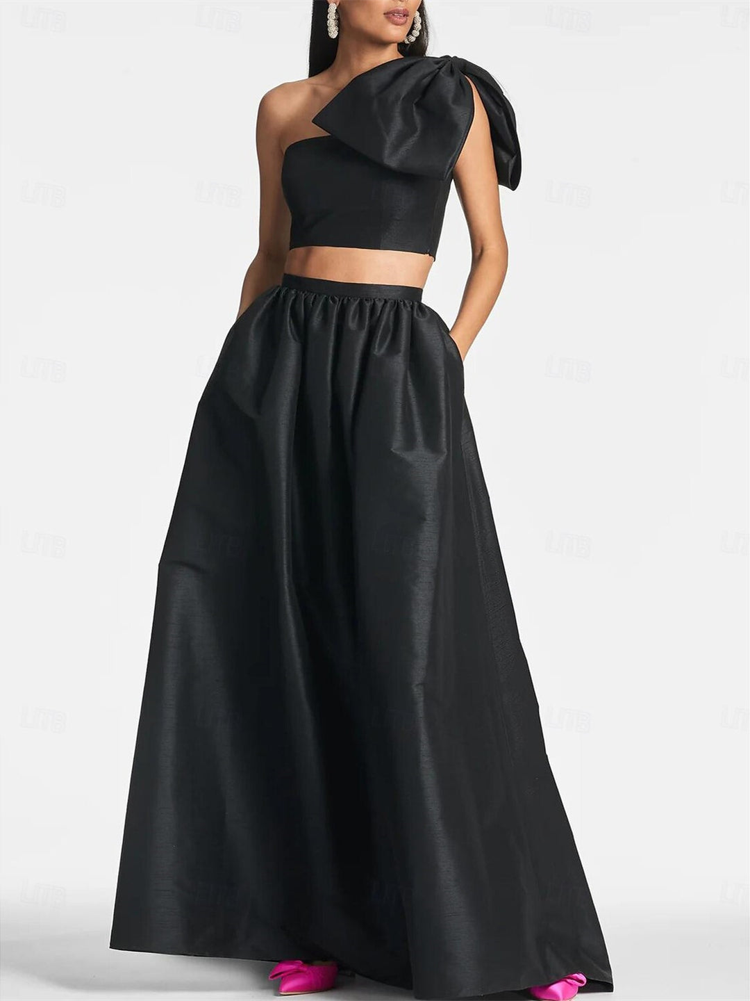 A-Line/Princess One-Shoulder Floor-Length Sleeveless Wedding Guest Dresses Satin with Pocket/Bow BabaMila