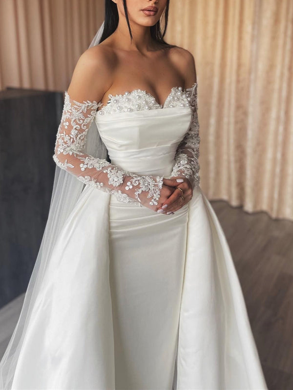 Sheath/Column Strapless Floor-length Wedding Dress With Appliques/Pearl BabaMila