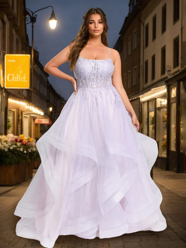 Ball Gown Square Neck Spaghetti Straps Floor-Length Tulle Plus Size Prom Dresses with Appliques