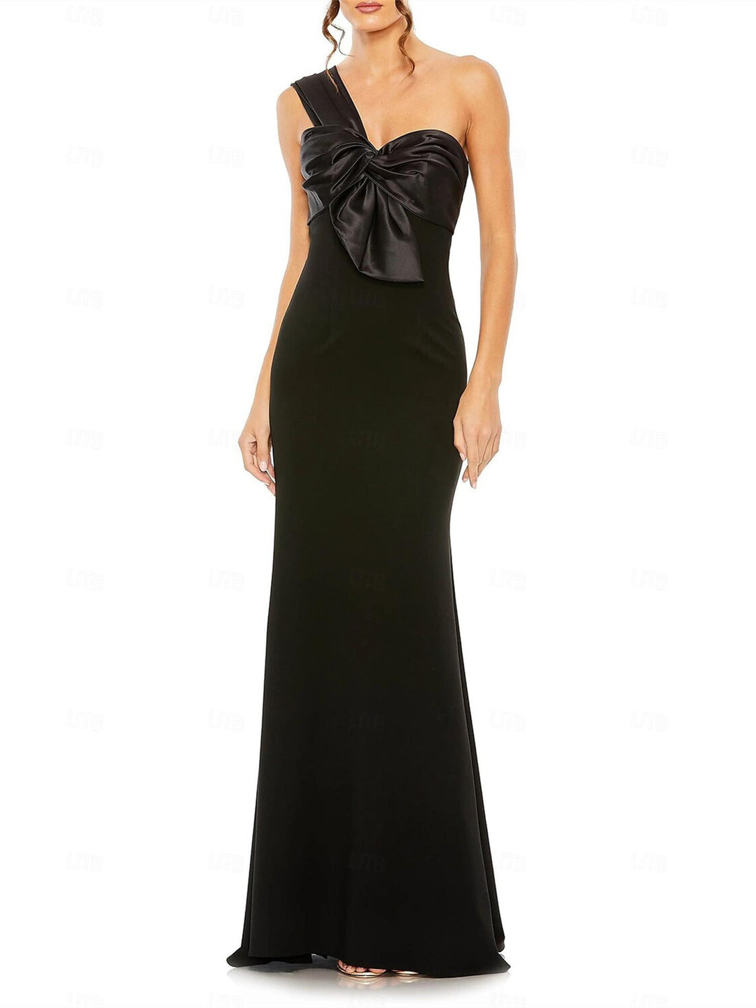 Sheath/Column One Shoulder Floor Length Sleeveless Wedding Guest Dresses Stretch Crepe with Bow BabaMila
