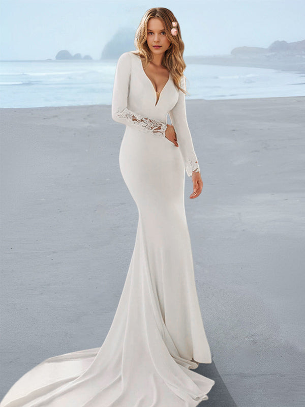 Trumpet/Mermaid Elastic Satin Long Sleeve V-Neck Wedding Dress with Applique BabaMila