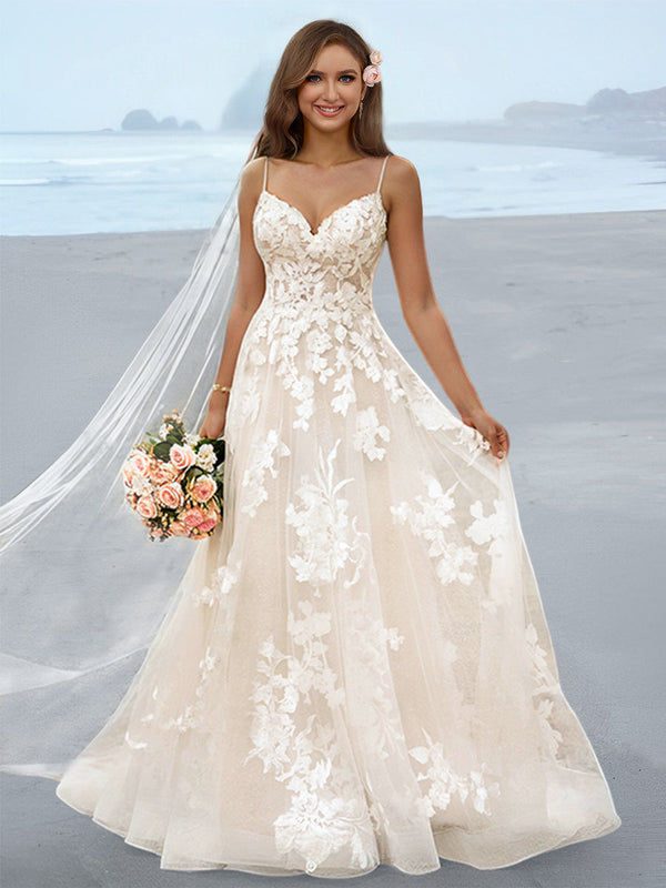 A-Line/Princess Spaghetti Straps Floor-Length Wedding Dress with Applique BabaMila