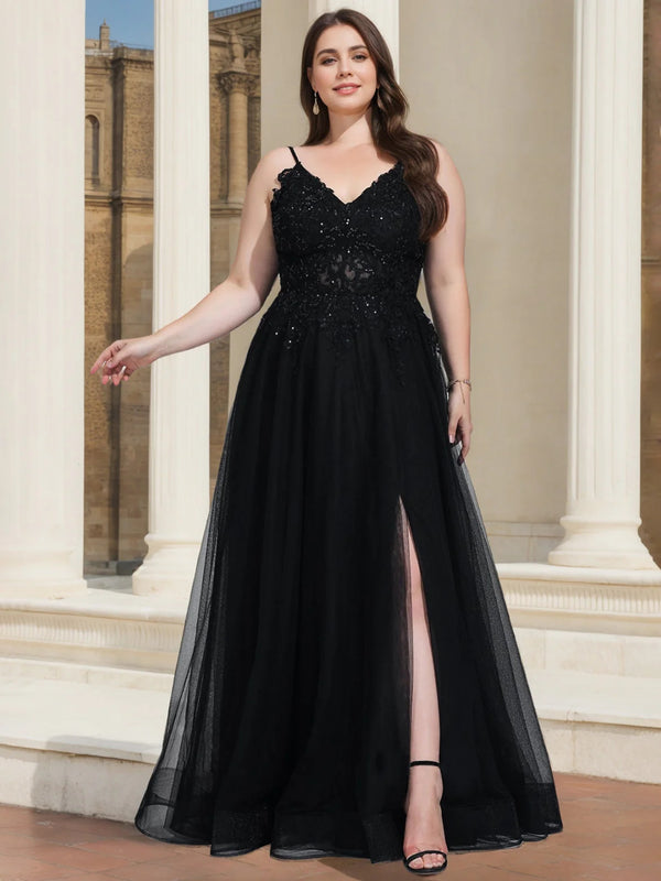A-Line/Princess V-Neck Sleeveless Floor-Length Plus Size Prom Dresses With Sequins & Split Side