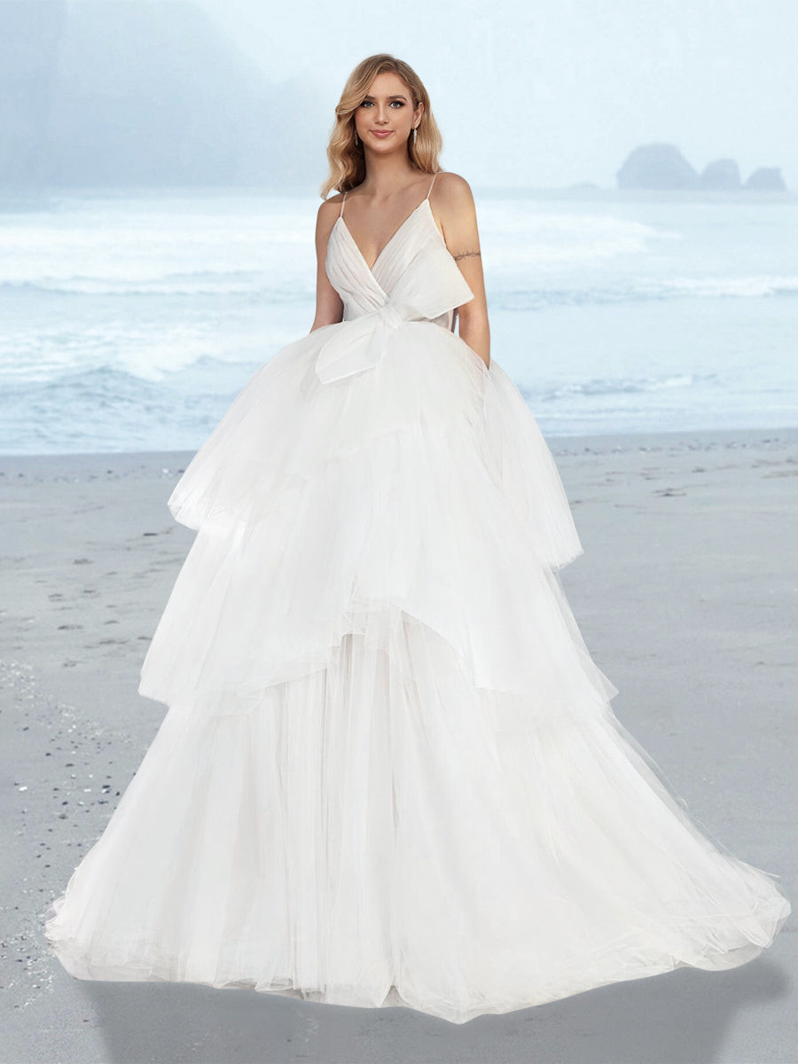 A-Line/Princess Tulle V-Neck Floor-Length Wedding Dress With Cascading Ruffles BabaMila