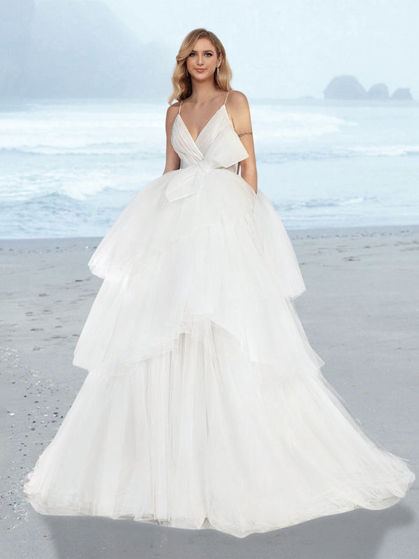 A-Line/Princess Tulle V-Neck Floor-Length Wedding Dress With Cascading Ruffles BabaMila