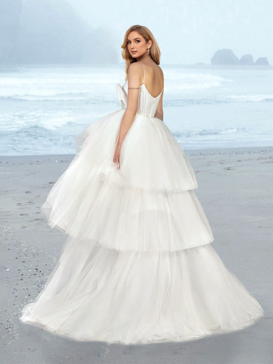 A-Line/Princess Tulle V-Neck Floor-Length Wedding Dress With Cascading Ruffles BabaMila