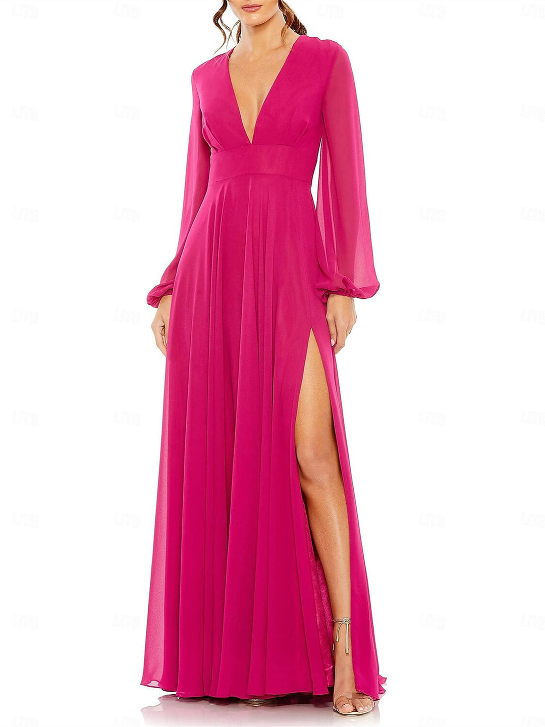 A-Line Floor Length Long Sleeve V Neck Wedding Guest Dresses Chiffon with Pleat BabaMila