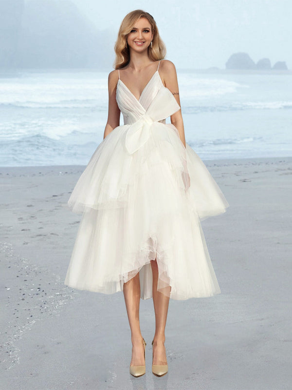 A-Line/Princess V-Neck Tea-Length Wedding Dress With Bow/Pleated BabaMila