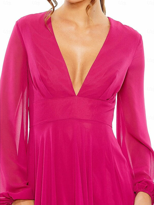 A-Line Floor Length Long Sleeve V Neck Wedding Guest Dresses Chiffon with Pleat BabaMila