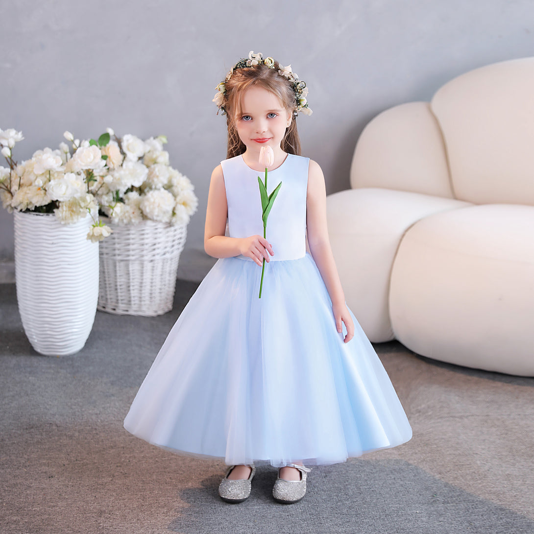 Girls Birthday Dresses Scoop Neck Sleeveless Tulle/Satin Tea-Length Flower Girl Dresses/Party Dresses With Belt Girls Gidiondress