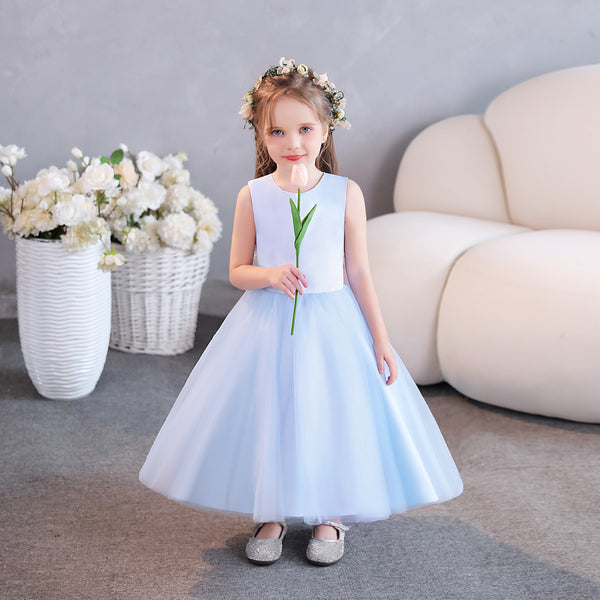 Girls Birthday Dresses Scoop Neck Sleeveless Tulle/Satin Tea-Length Flower Girl Dresses/Party Dresses With Belt Girls Gidiondress