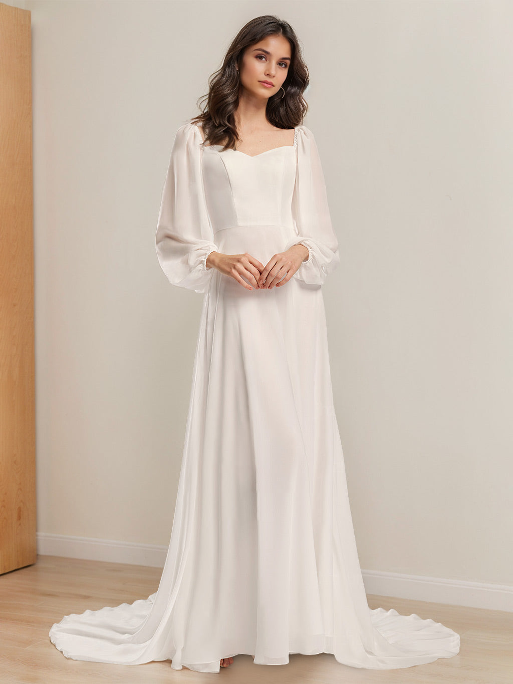 A-Line/Princess V-Neck Long Sleeves Floor-length Wedding Dress BabaMila