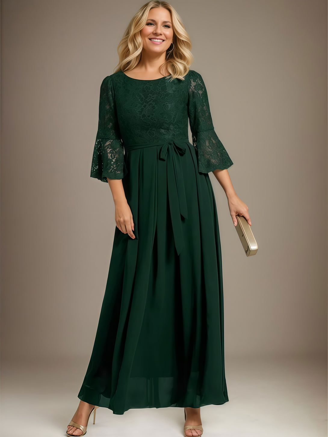 A-Line Scoop Neck Half Sleeve Ankel-Length Lace/Chiffon Mother of the Bride Dress With Belt/Ruffled Hem BabaMila