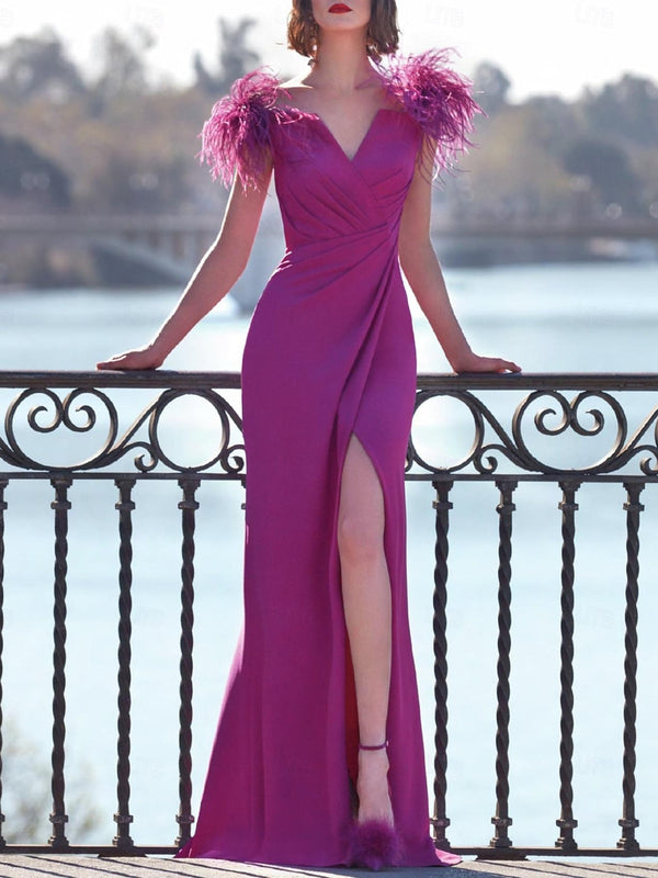 Column Floor Length Sleeveless V Neck Prom Dress Stretch Crepe With Feather BabaMila