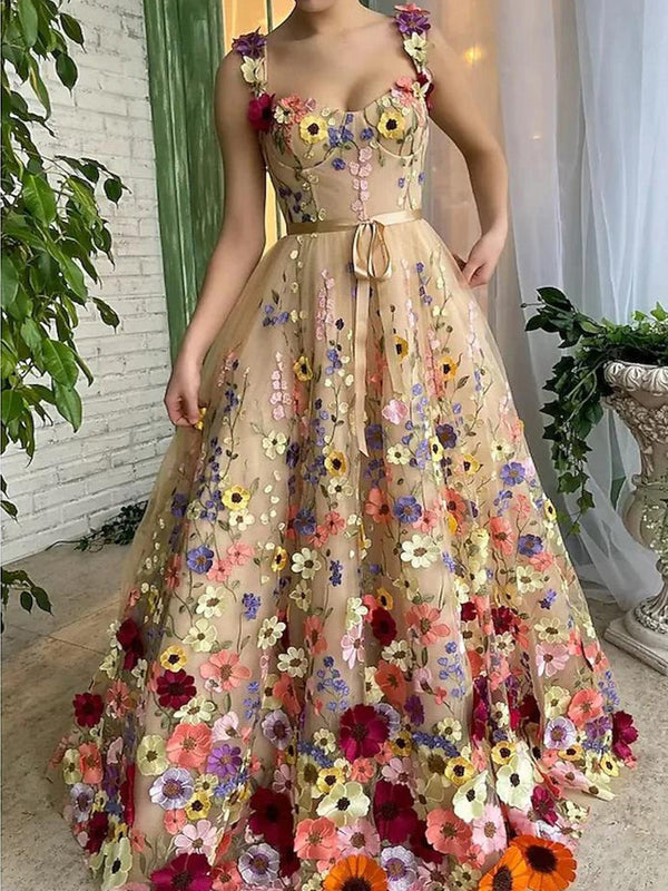 A-Line/Princess Sweetheart Spaghetti Straps Floral Long Prom Dresses With Appliques/Embroidery/Ribbon BabaMila