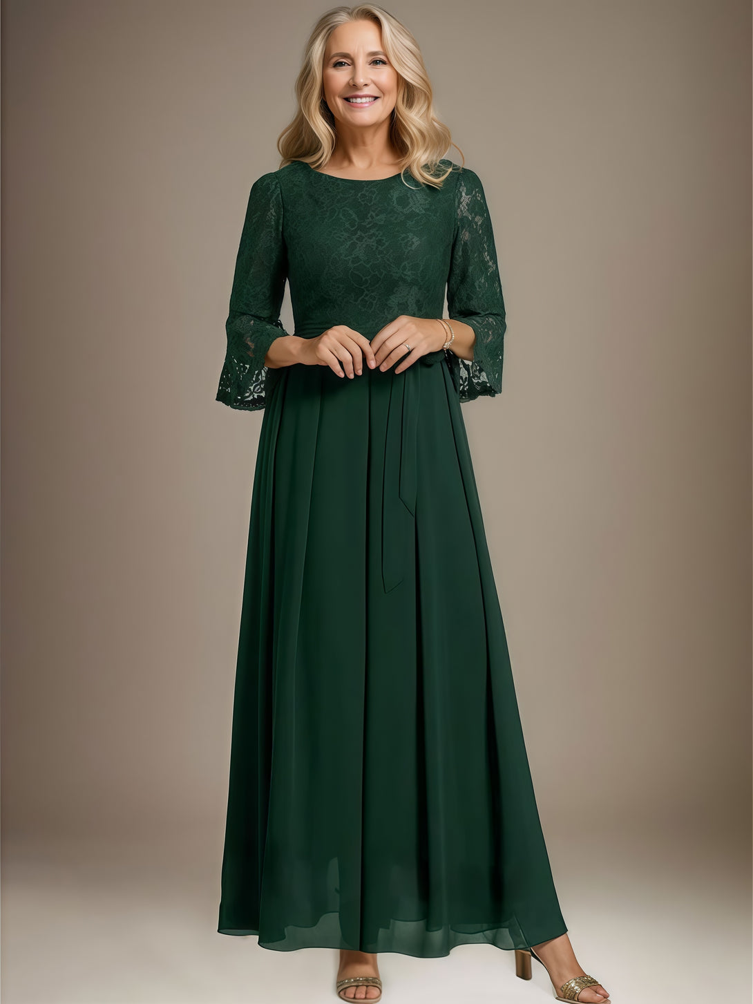 A-Line Scoop Neck Half Sleeve Ankel-Length Lace/Chiffon Mother of the Bride Dress With Belt/Ruffled Hem BabaMila