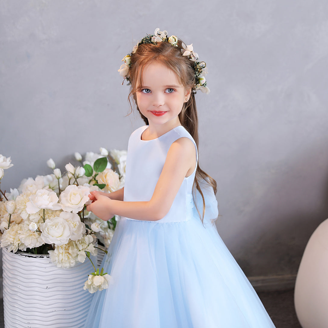 Girls Birthday Dresses Scoop Neck Sleeveless Tulle/Satin Tea-Length Flower Girl Dresses/Party Dresses With Belt Girls Gidiondress