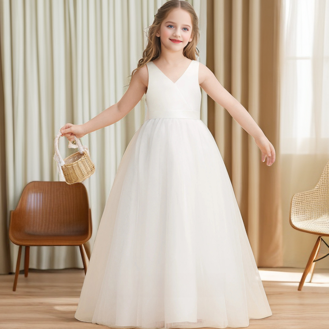 A-Line V-Neck Sleeveless Ivory Floor-Length Tulle/Satin Flower Girl Dresses/First Communion Dress With Belt Girls Gidiondress
