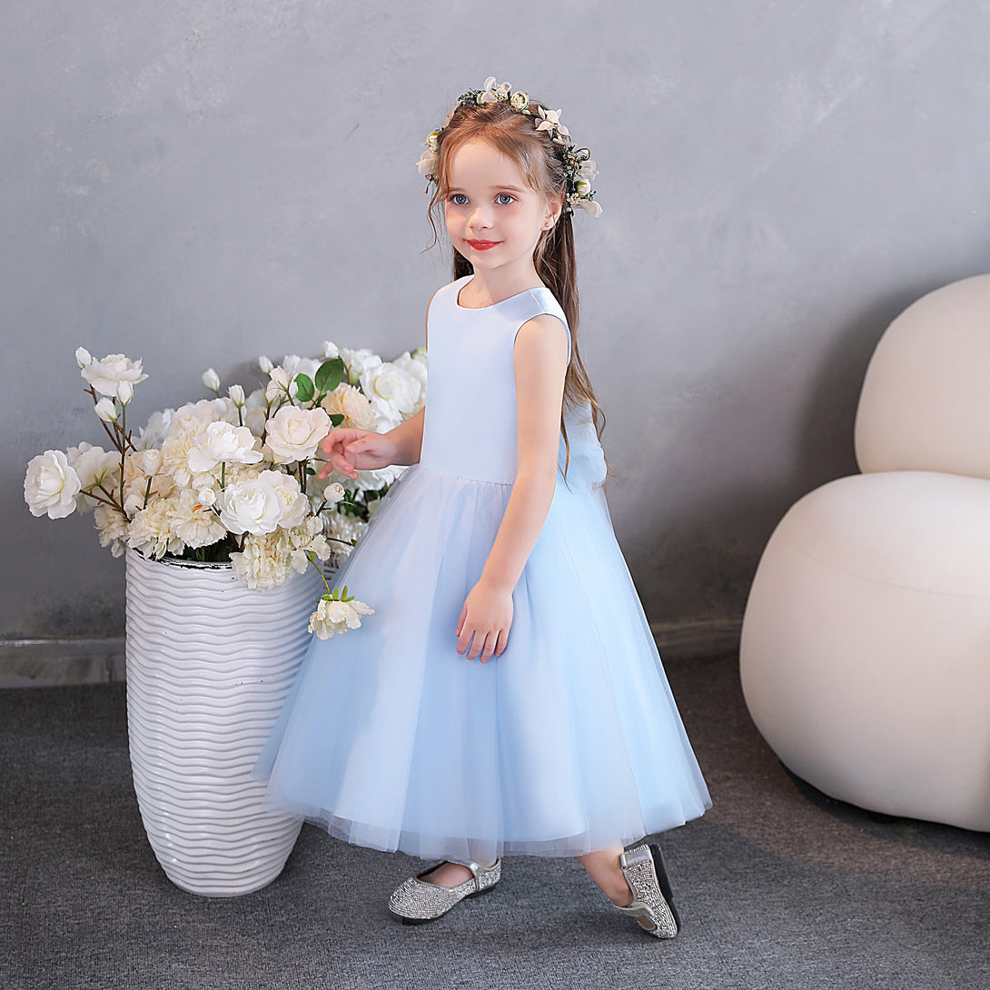 Girls Birthday Dresses Scoop Neck Sleeveless Tulle/Satin Tea-Length Flower Girl Dresses/Party Dresses With Belt Girls Gidiondress Sky Blue 12M