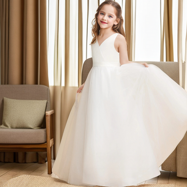 A-Line V-Neck Sleeveless Ivory Floor-Length Tulle/Satin Flower Girl Dresses/First Communion Dress With Belt Girls Gidiondress