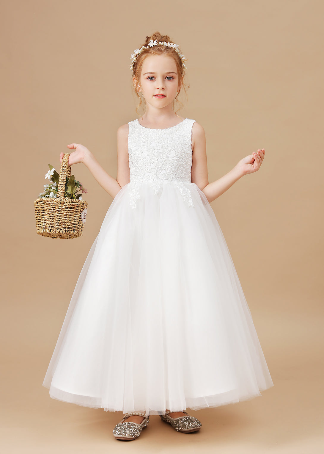 Scoop Neck Sleeveless Satin/Lace/Tulle Ivory Floor-Length Flower Girl Dresses/First Communion Dress With Appliques/Bow Gidiondress Ivory 12M