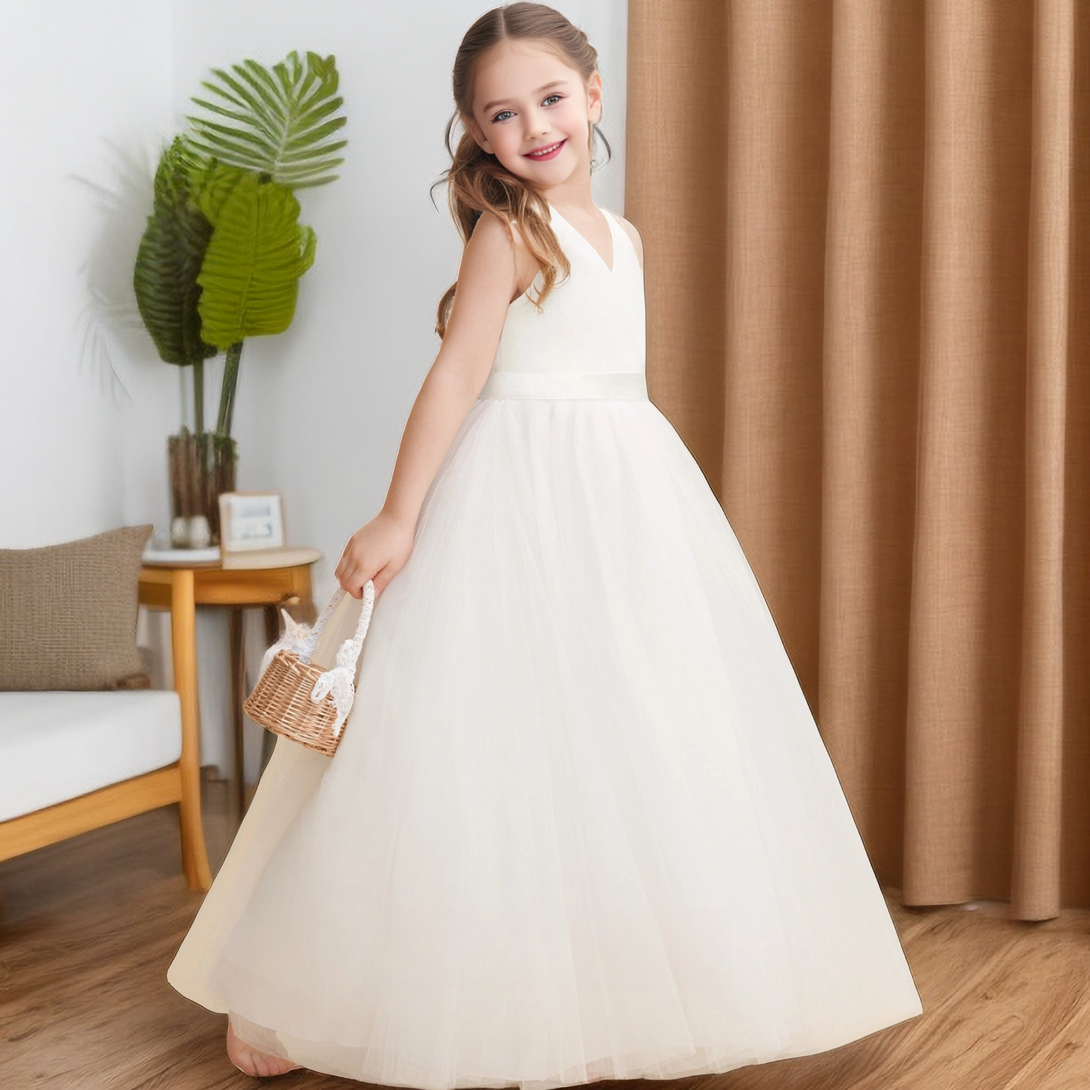 A-Line V-Neck Sleeveless Ivory Floor-Length Tulle/Satin Flower Girl Dresses/First Communion Dress With Belt Girls Gidiondress Ivory 12M