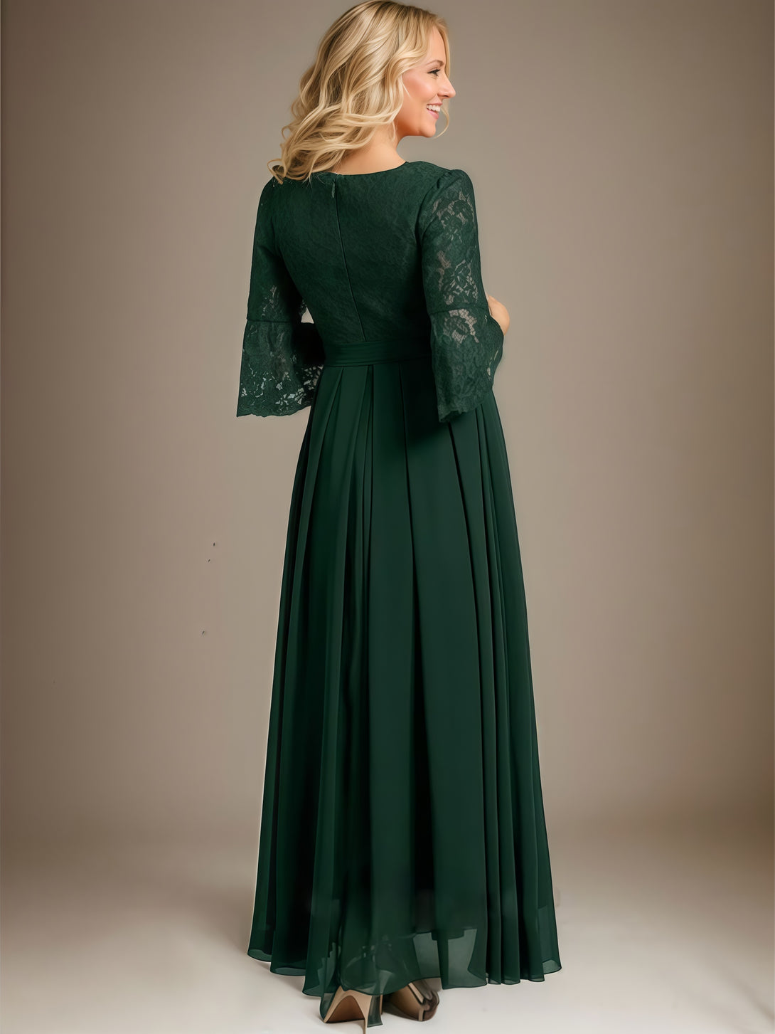 A-Line Scoop Neck Half Sleeve Ankel-Length Lace/Chiffon Mother of the Bride Dress With Belt/Ruffled Hem BabaMila
