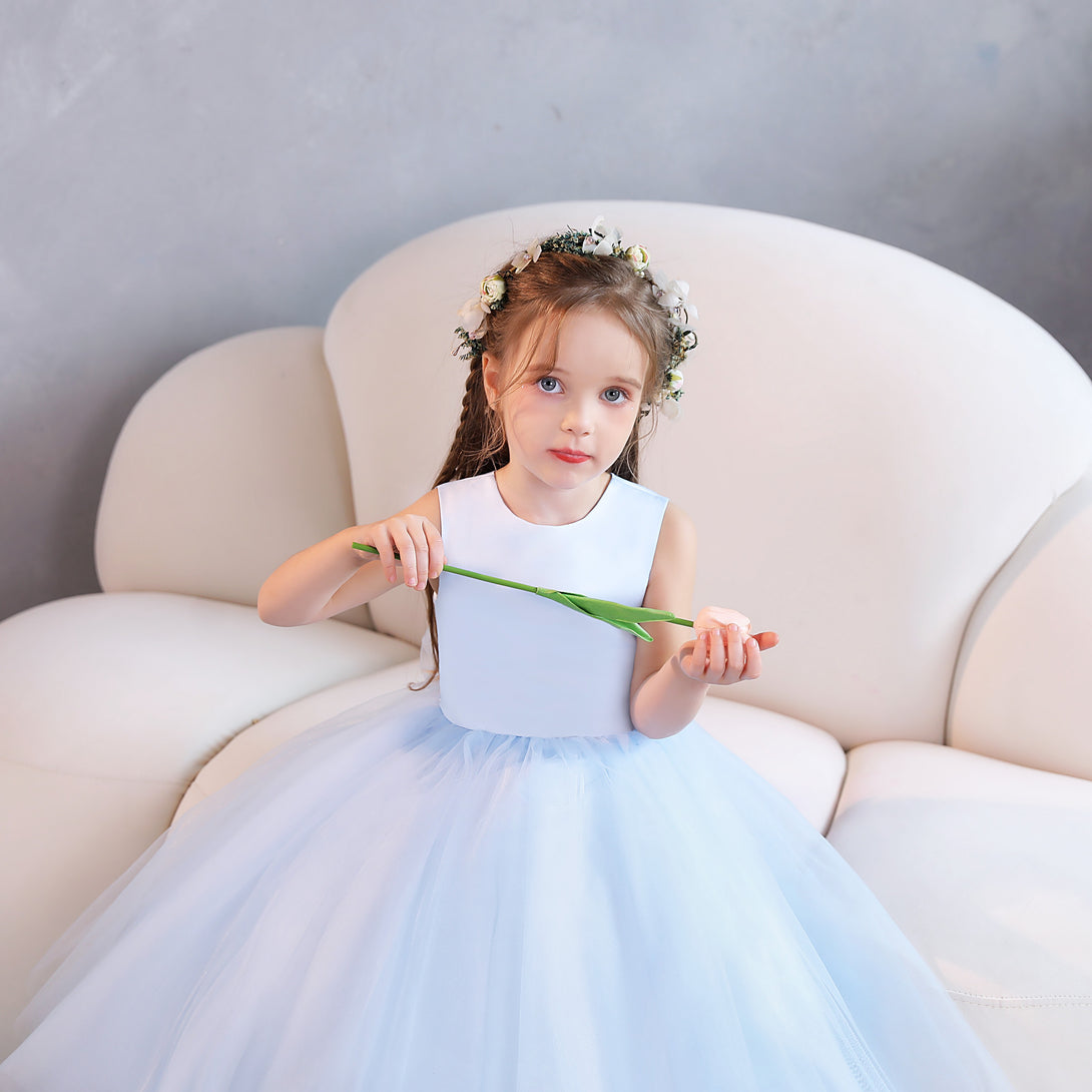 Girls Birthday Dresses Scoop Neck Sleeveless Tulle/Satin Tea-Length Flower Girl Dresses/Party Dresses With Belt Girls Gidiondress