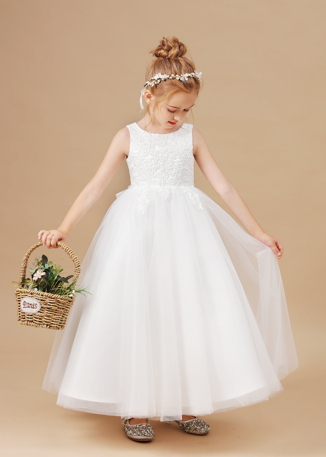 Scoop Neck Sleeveless Satin/Lace/Tulle Ivory Floor-Length Flower Girl Dresses/First Communion Dress With Appliques/Bow Gidiondress