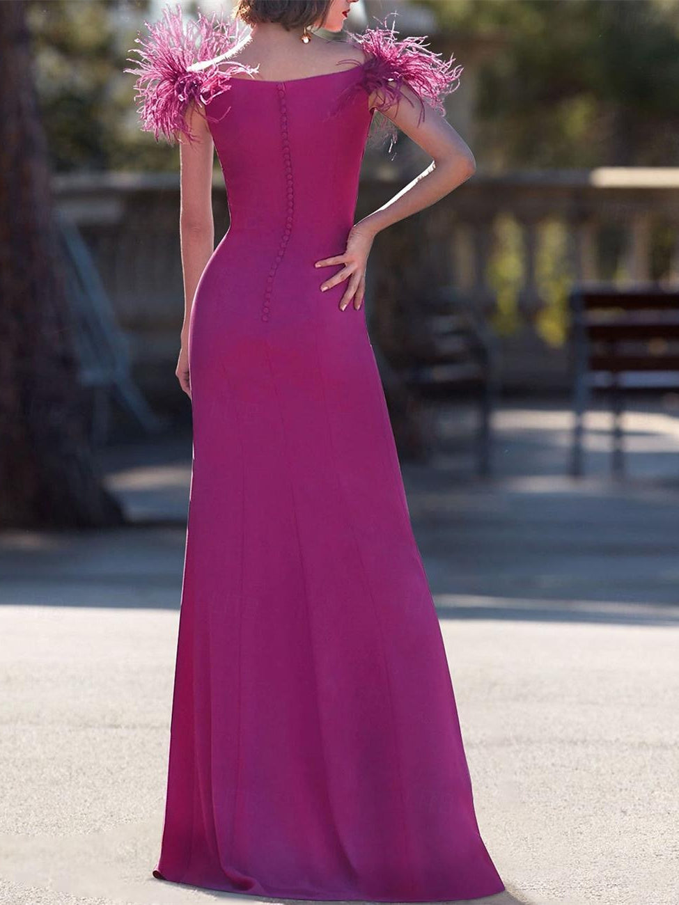 Column Floor Length Sleeveless V Neck Prom Dress Stretch Crepe With Feather BabaMila