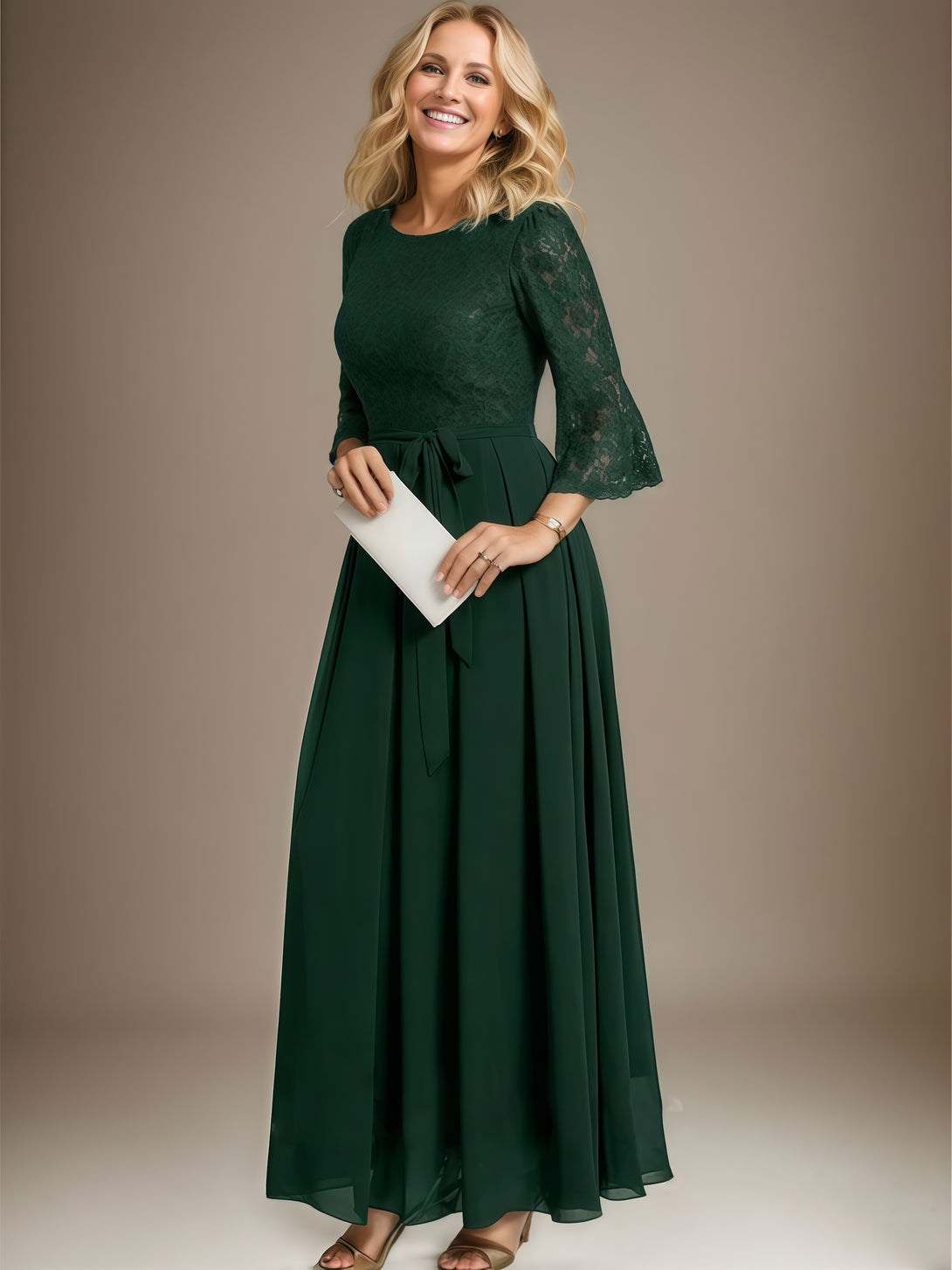 A-Line Scoop Neck Half Sleeve Ankel-Length Lace/Chiffon Mother of the Bride Dress With Belt/Ruffled Hem BabaMila