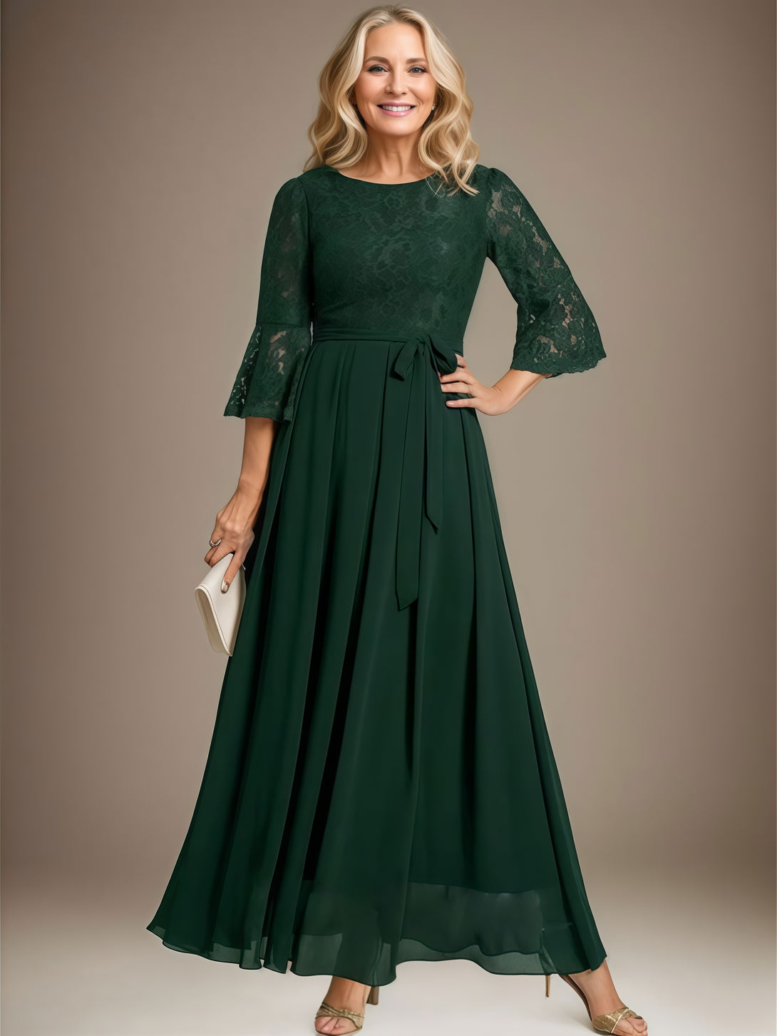 A-Line Scoop Neck Half Sleeve Ankel-Length Lace/Chiffon Mother of the Bride Dress With Belt/Ruffled Hem BabaMila