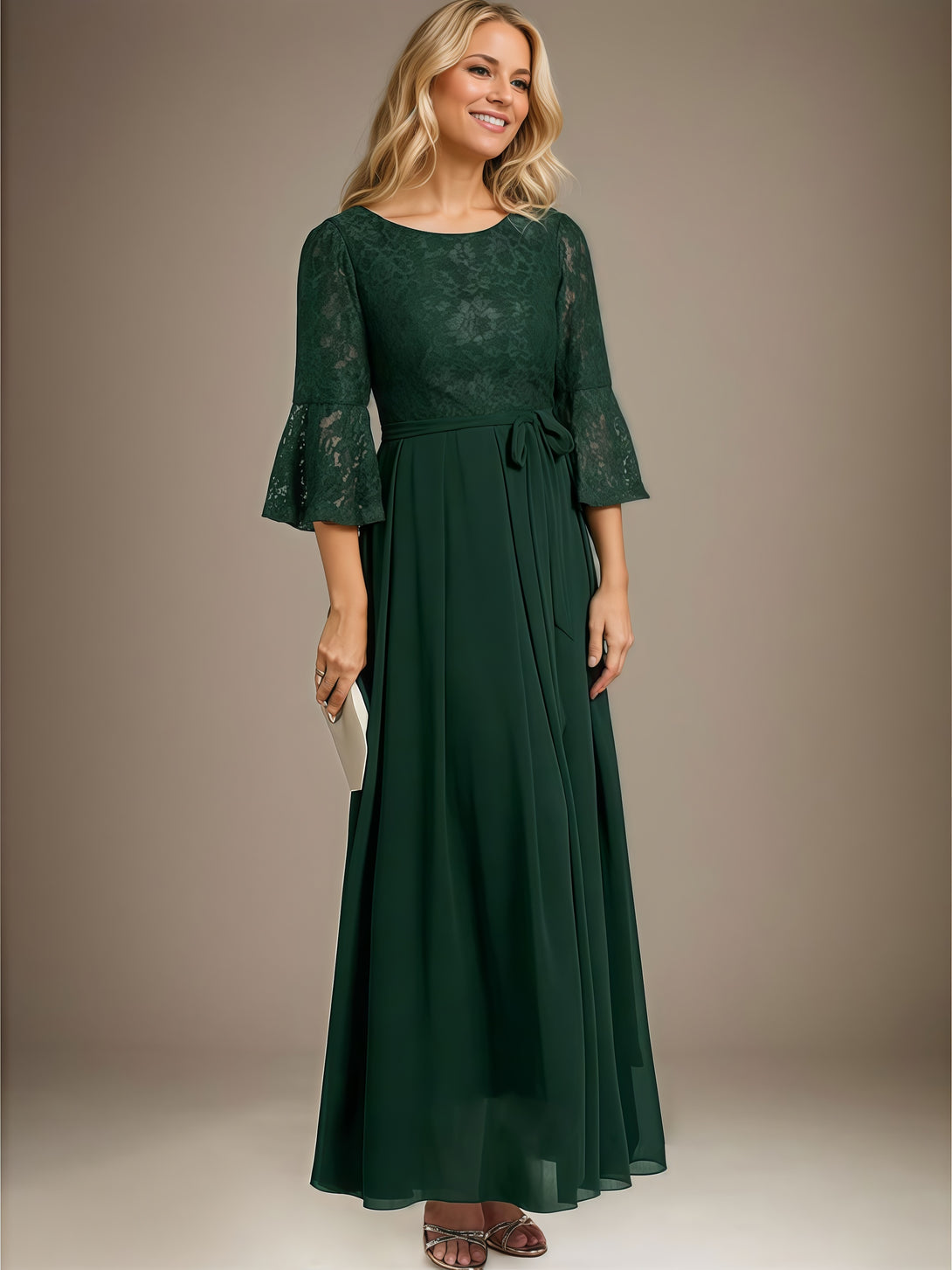 A-Line Scoop Neck Half Sleeve Ankel-Length Lace/Chiffon Mother of the Bride Dress With Belt/Ruffled Hem BabaMila