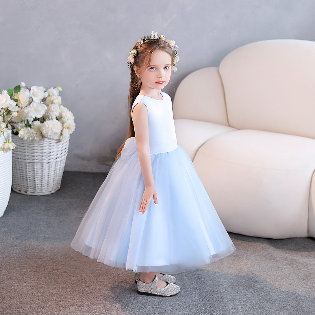 Girls Birthday Dresses Scoop Neck Sleeveless Tulle/Satin Tea-Length Flower Girl Dresses/Party Dresses With Belt Girls Gidiondress