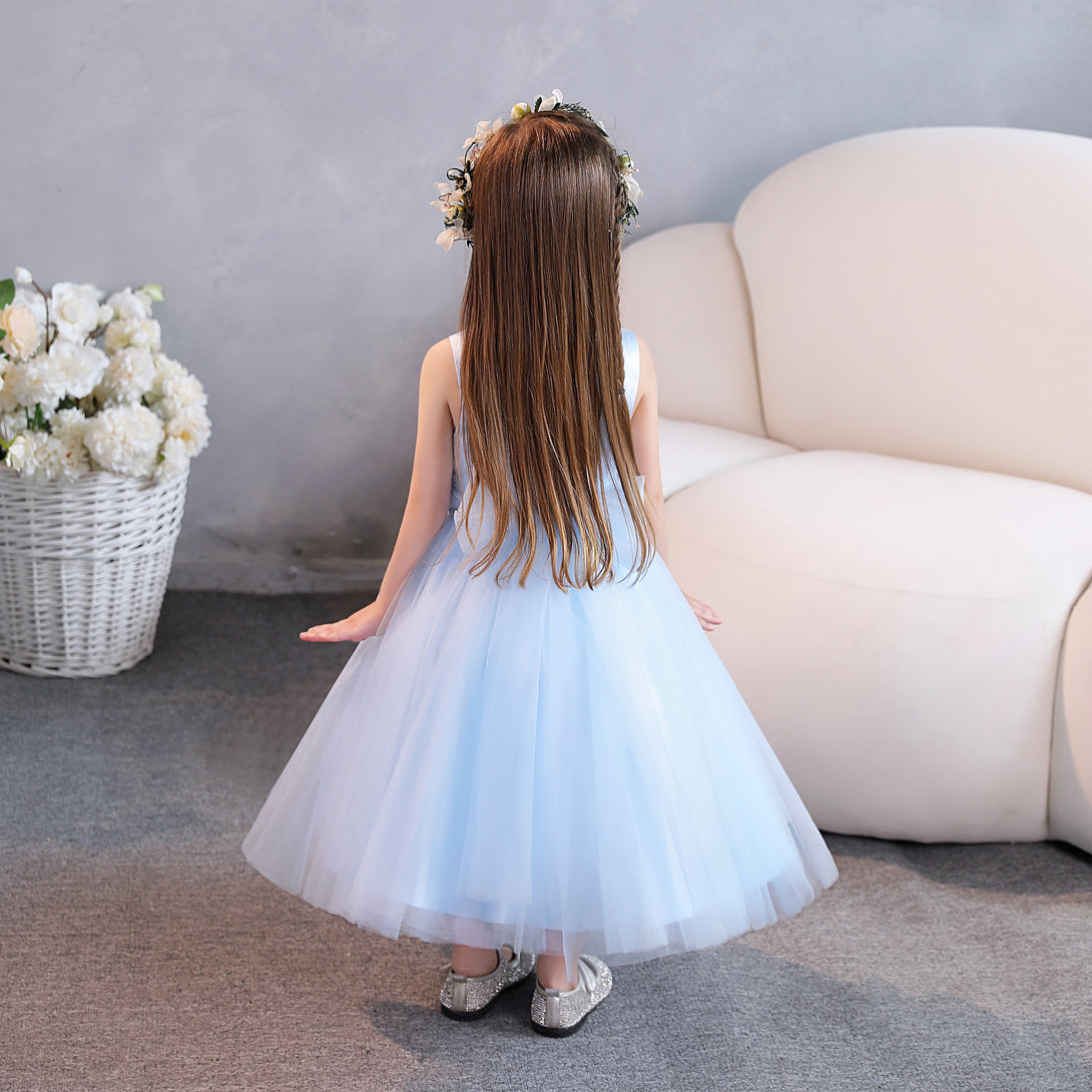 Girls Birthday Dresses Scoop Neck Sleeveless Tulle/Satin Tea-Length Flower Girl Dresses/Party Dresses With Belt Girls Gidiondress