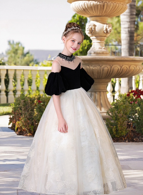 High Neck Removable Puff Sleeve Floor-Length Elegant Satin/Lace/Tulle Girls Birthday Dresses With Beads Gidiondress