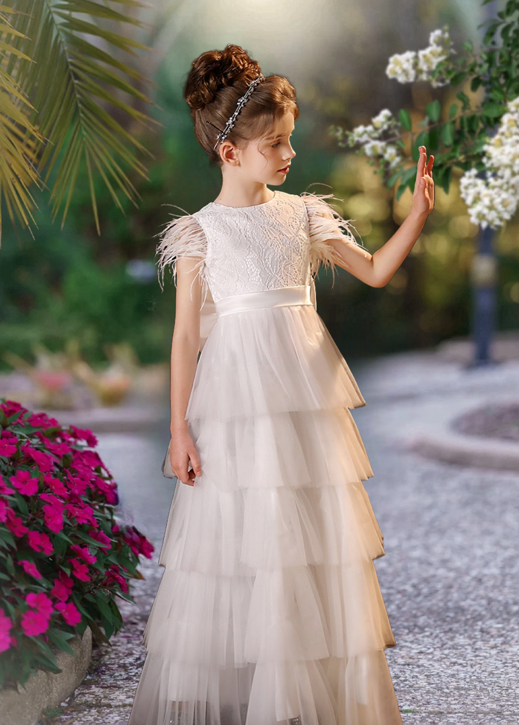 Flower Girl Dresses Scoop Neck Flutter Straps Floor-Length Lace/Tulle/Satin Girl's Cake Dresses With Bow/Belt Girls Gidiondress