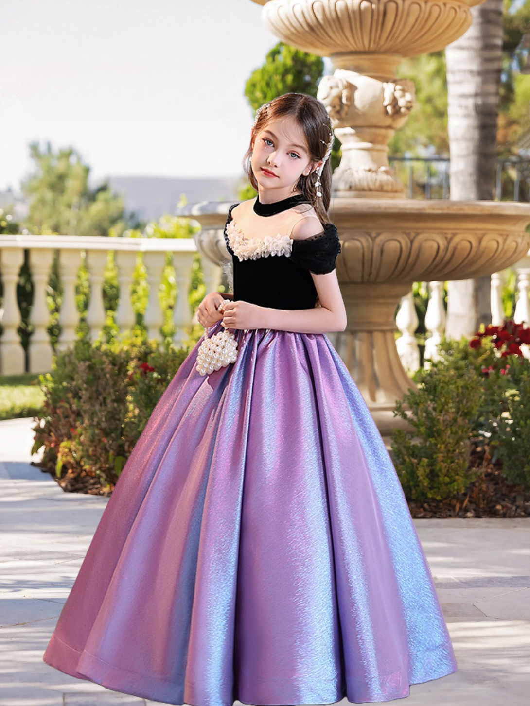 Ball Gown/Princess Halter Cold Shoulder Dazzling Floor-Length Satin/Tulle Girls Birthday Dresses With Ruffled Hem Gidiondress