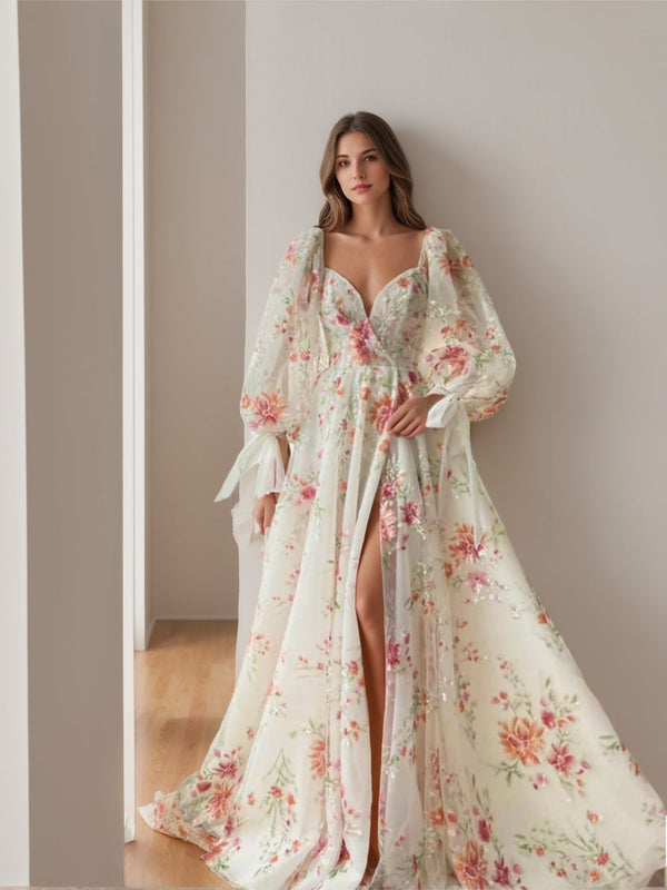 A-Line/Princess Sweetheart Long Sleeves Floor-Length Prom Dresses With Embroidery BabaMila