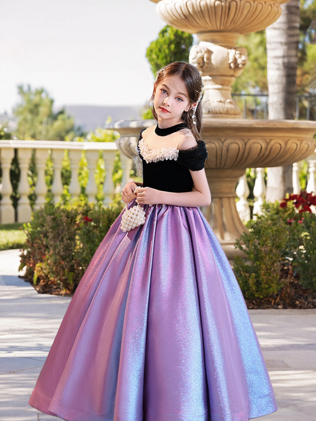 Ball Gown/Princess Halter Cold Shoulder Dazzling Floor-Length Satin/Tulle Girls Birthday Dresses With Ruffled Hem Gidiondress